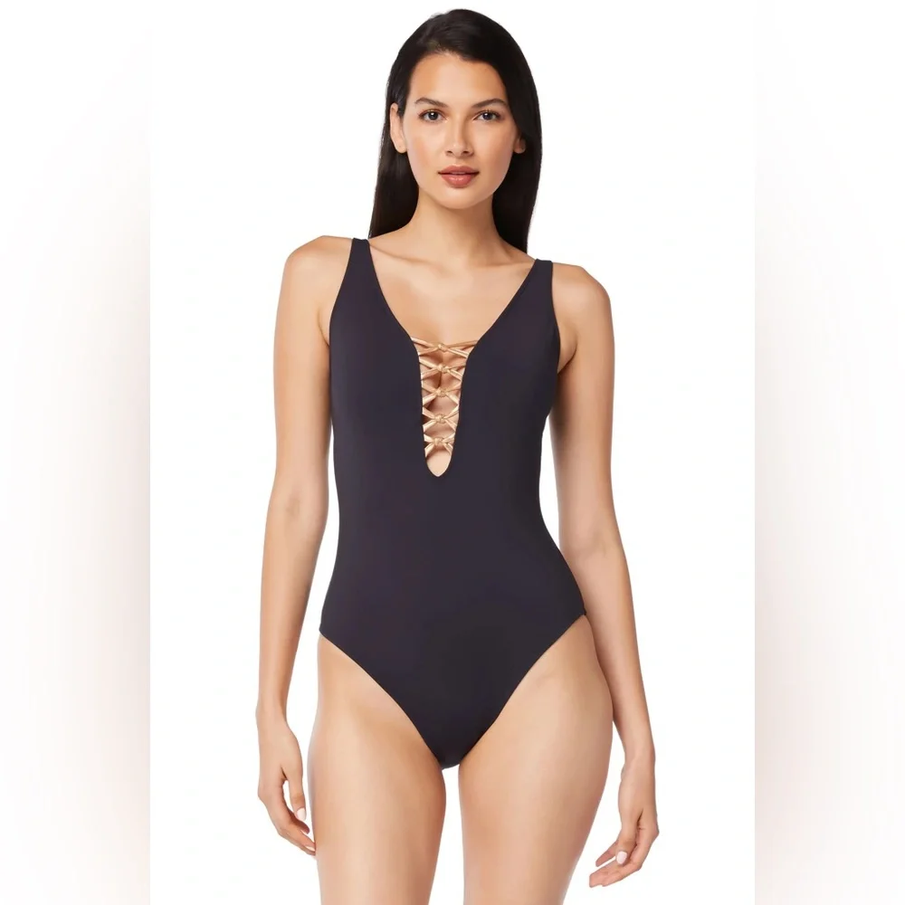 Bleu Rod Beattie Black Let’s Get Knotty Lace Up One Piece Swimsuit
